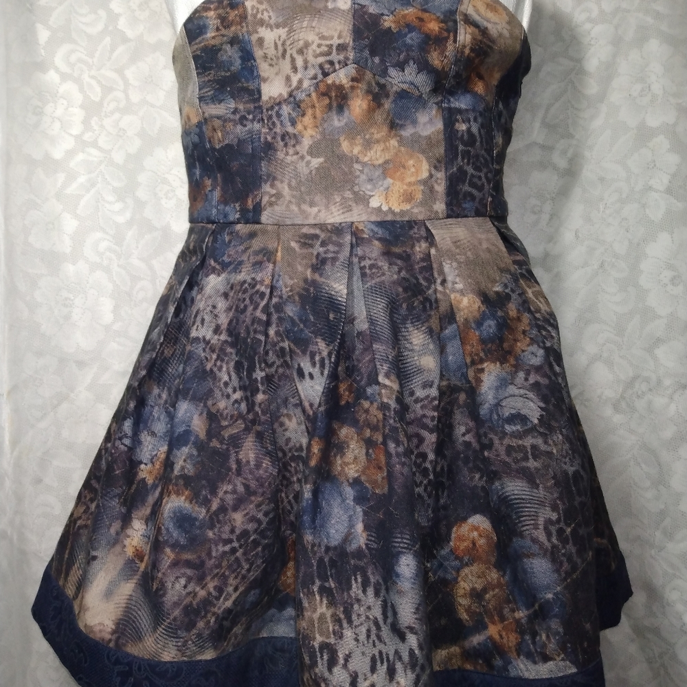 Modcloth Watercolor Leopard Floral Print Strapless A-Line Dress Y2k Whimsy Fairy